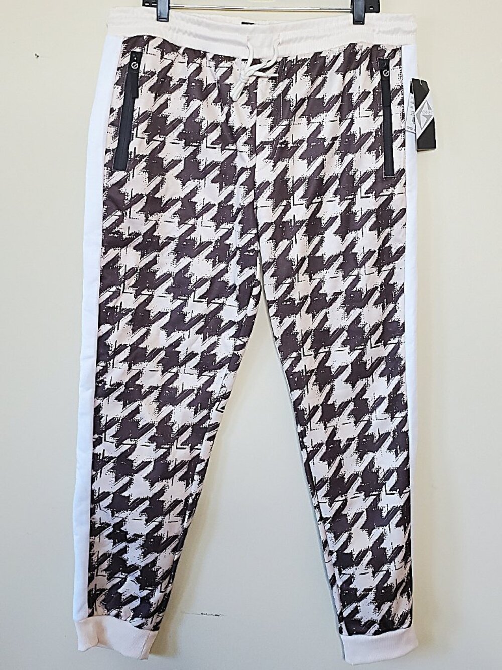 G-Net Men's Tan Houndstooth Printed Drawstring Streetwear Jogger Pants SZ XL